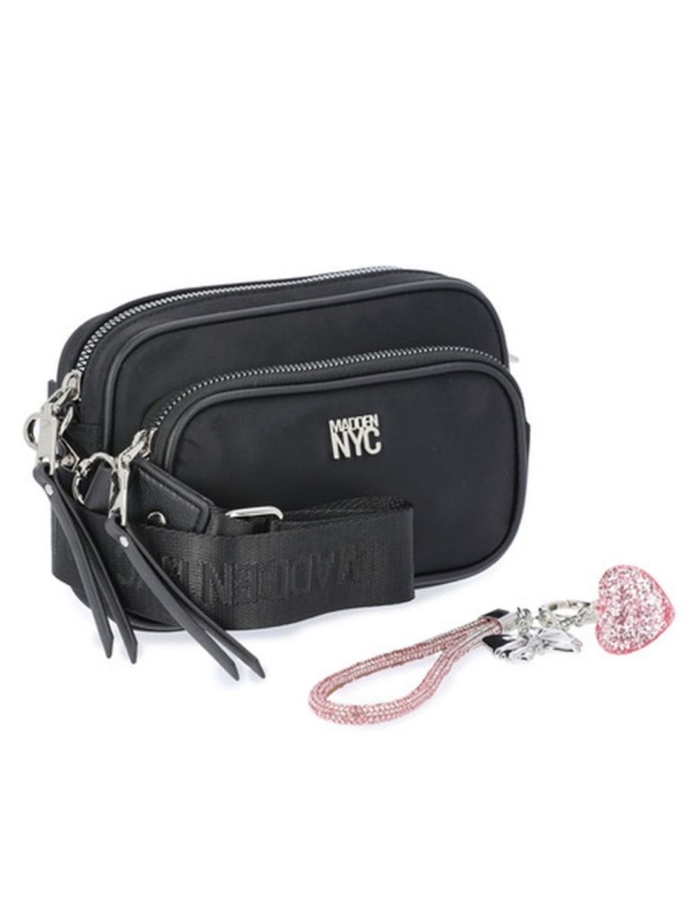 Madden NYC Women's Nylon Camera Handbag with Charm Keychain Black Nylon NEW